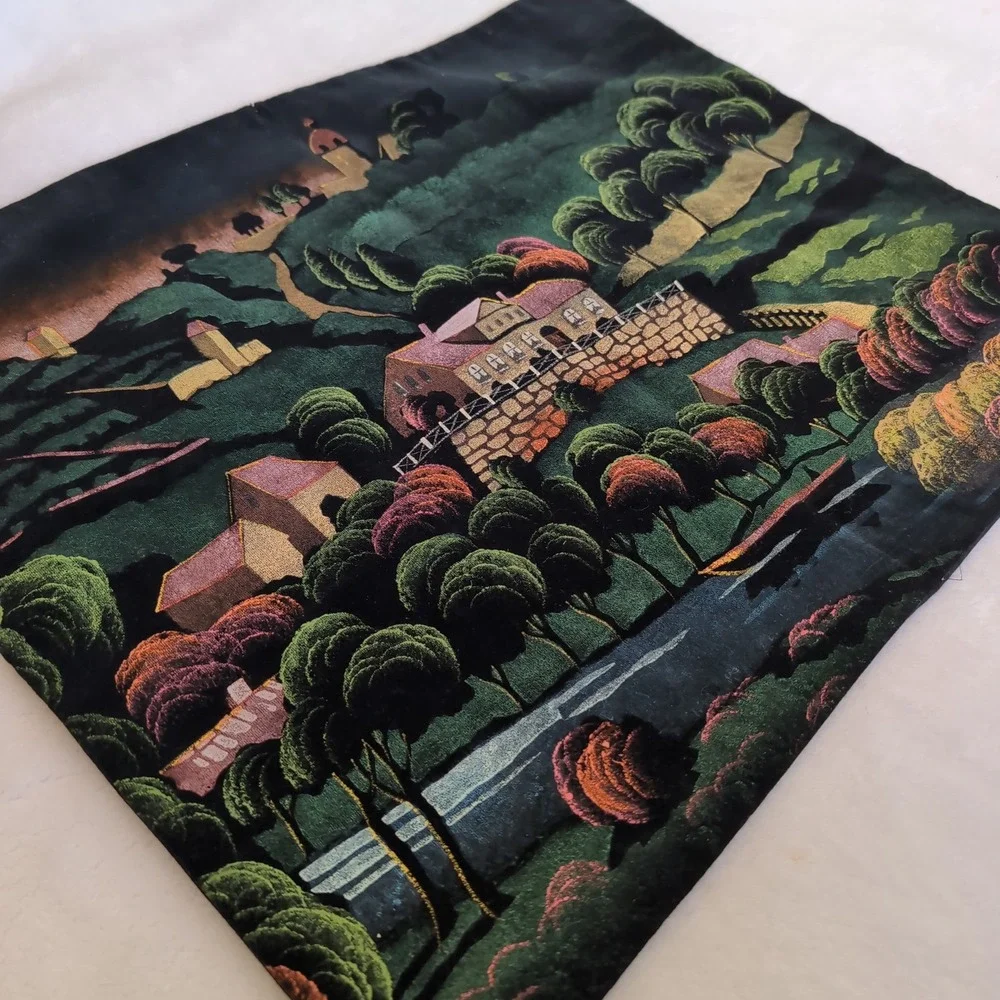 Vintage Hand Painted Velvet Painting Wall Hanging Colorful Village Folk Art MCM
